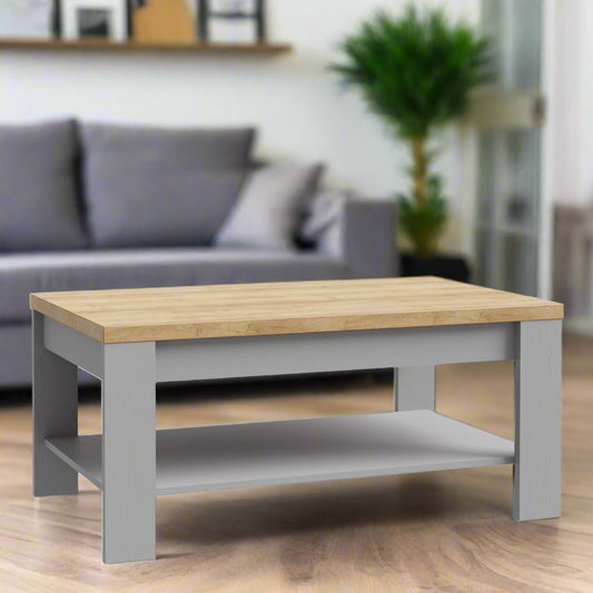 Stylish grey oak coffee table with a modern design, featuring a smooth, spacious surface and sturdy legs, perfect for adding a touch of contemporary elegance to any living room