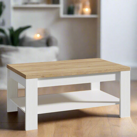 Chic white oak coffee table with a smooth wood finish and minimalist design, perfect for adding a modern and natural touch to any living room or contemporary space