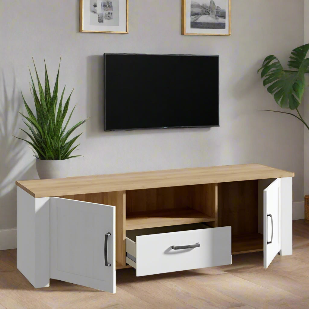 Stylish TV unit with LED lighting, black handles, and soft-close doors. Available in Oak, Navy & Oak, and Grey & Oak finishes, offering rustic elegance and modern functionality. Matching items available.