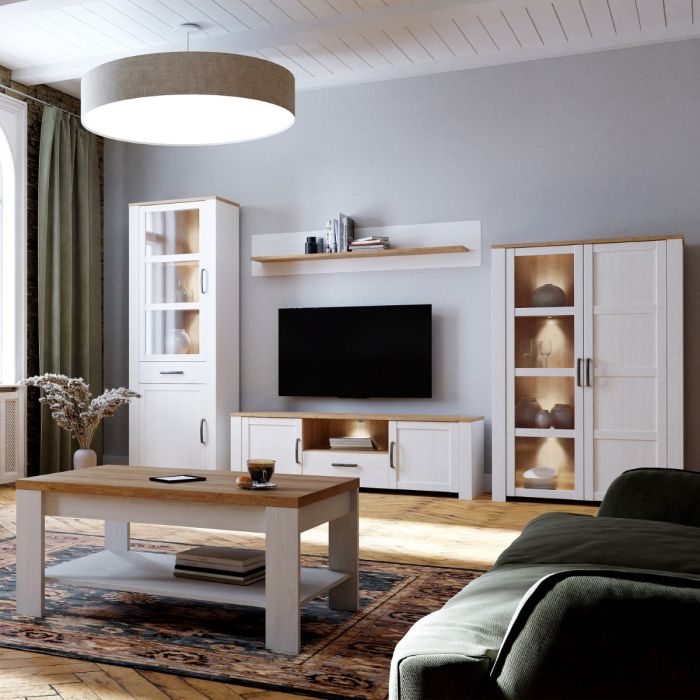 Stylish TV unit with LED lighting, black handles, and soft-close doors. Available in Oak, Navy & Oak, and Grey & Oak finishes, offering rustic elegance and modern functionality. Matching items available.