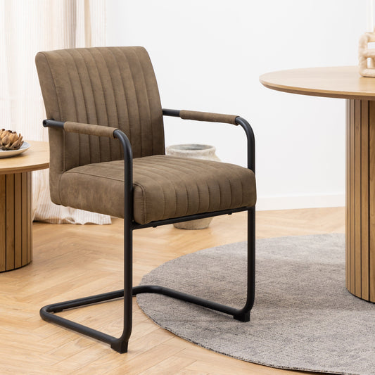 Charming set of 2 brown retro dining chairs with armrests, featuring a vintage-inspired design and comfortable seating, perfect for adding a stylish and nostalgic touch to any dining room or kitchen