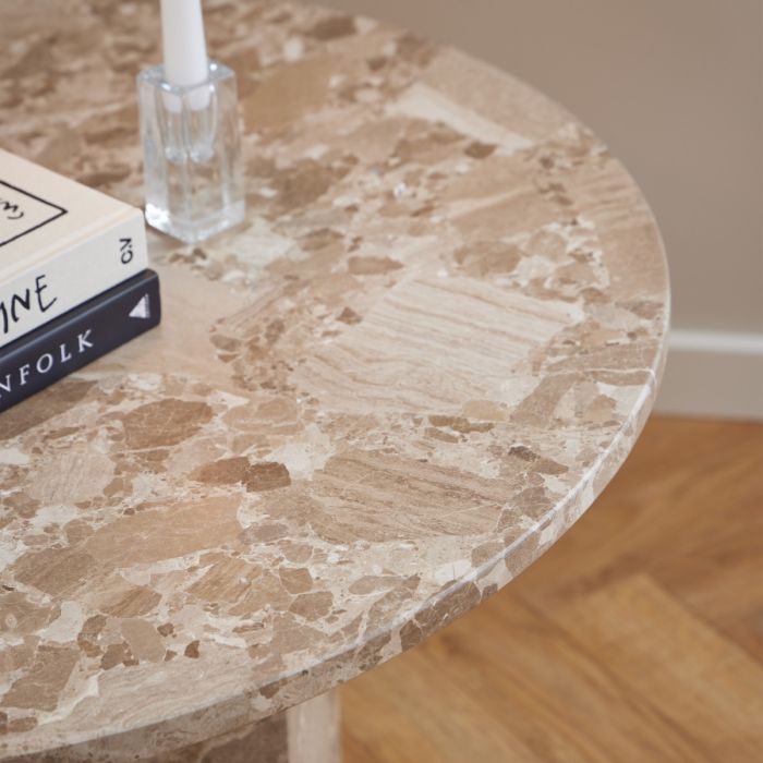 Sleek and sophisticated Marble Coffee Table in Brown with a geometric shape and unique stone variations. Features a luxurious marble top and dramatic hexagonal pillar base, ideal for living rooms and lounge spaces.