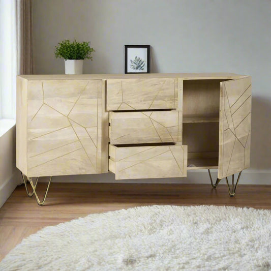 Elegant light wood gold sideboard with a sleek design, featuring a smooth wooden surface, spacious storage, and gold accents, perfect for adding a touch of modern sophistication and functionality to any living or dining room