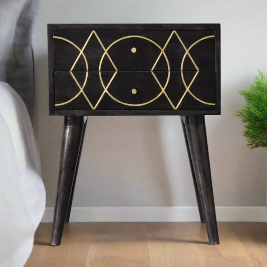 Brass Inlay Black Bedside Table made from solid mango wood in ash black finish with 2 drawers and brass inlay pattern