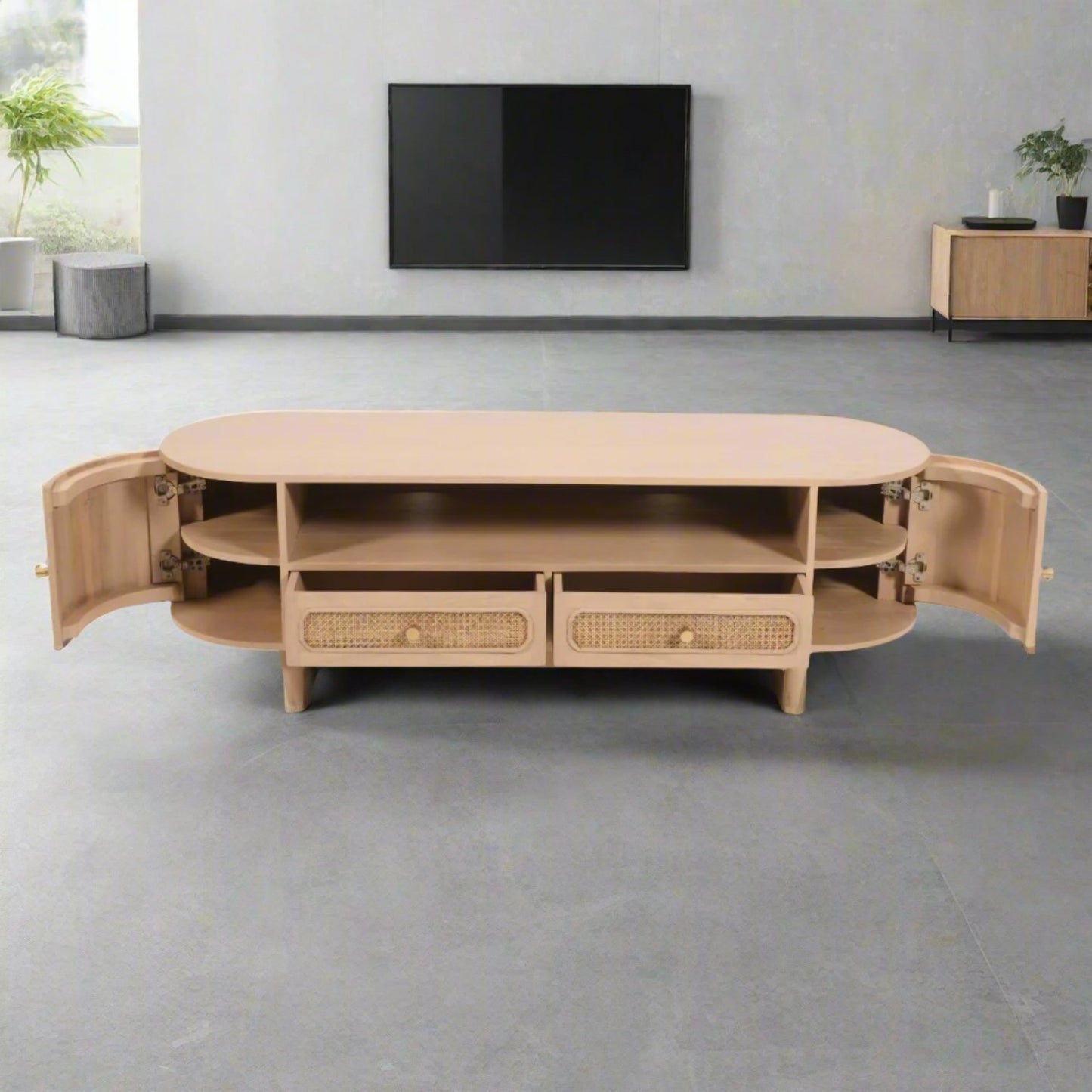 Rattan Detail Mango Wood Curved Edge TV Stand Media Unit - Lindo Living