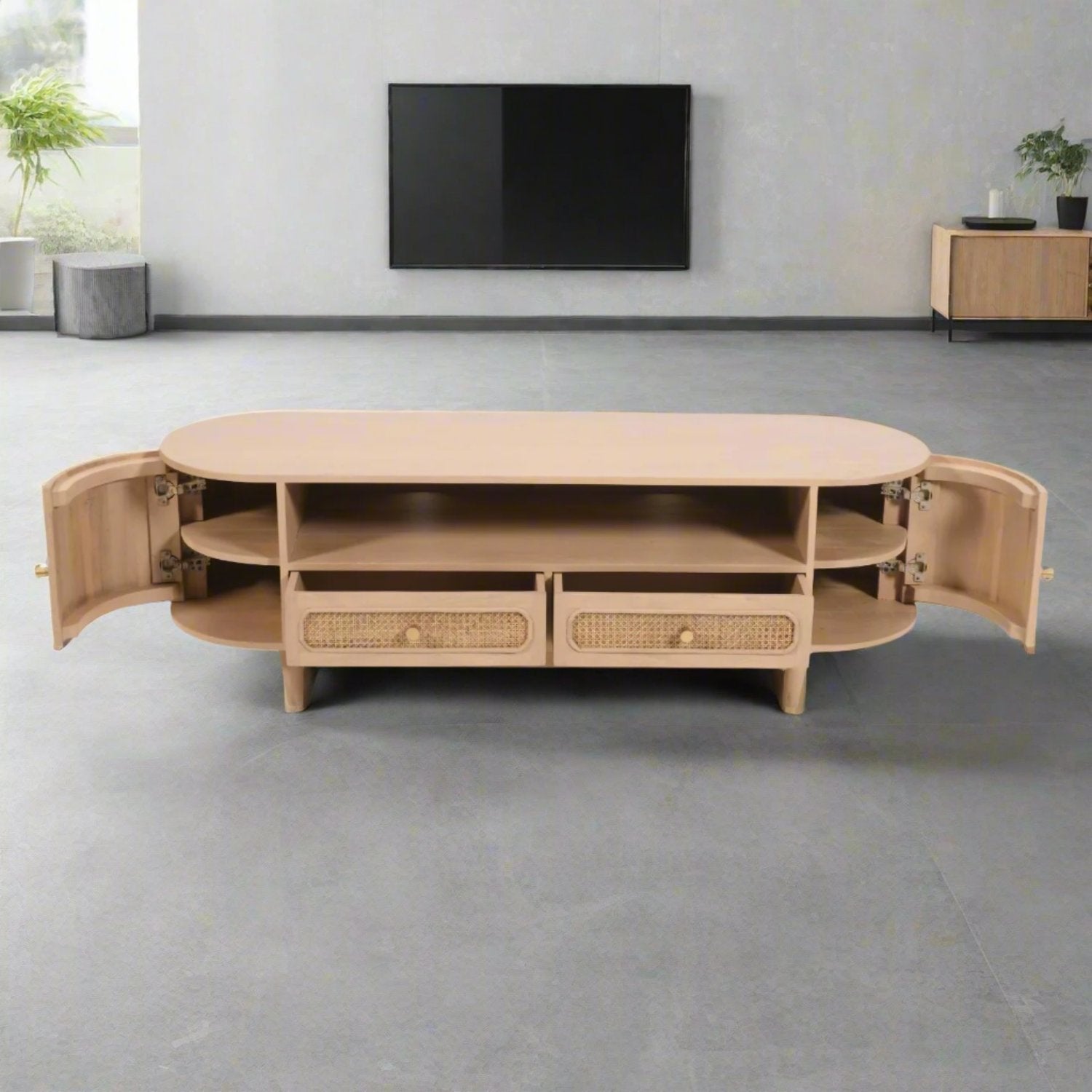 Rattan Detail Mango Wood Curved Edge TV Stand Media Unit - Lindo Living