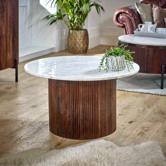 Marble Top Coffee Table, featuring a luxurious natural marble top. Crafted from 100% eco-sourced mango