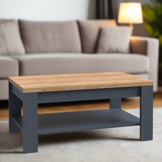 Elegant navy oak coffee table featuring a smooth wood finish and sleek design, perfect for adding a touch of sophistication and modern style to any living room