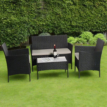 
Amazon 4-piece rattan garden furniture set with grey cushions, featuring two chairs, a sofa, and a coffee table with tempered safety glass, made from weather-resistant PE rattan and coated metal frame, perfect for outdoor and indoor use.