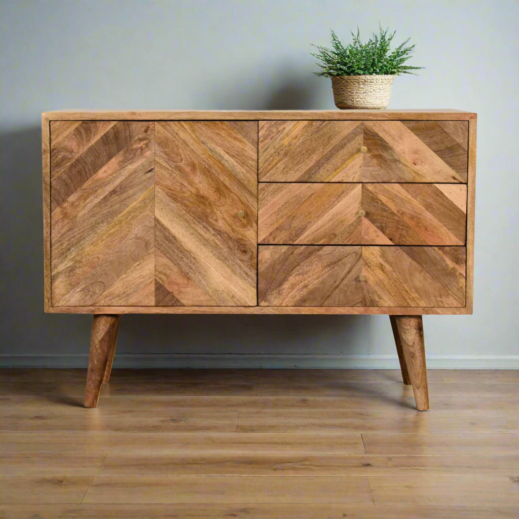 "Stylish sideboard with geometric pattern drawers, a cabinet with internal shelves, shiny brass knobs, and Nordic-style legs, perfect for storage and display in the hallway or living room."