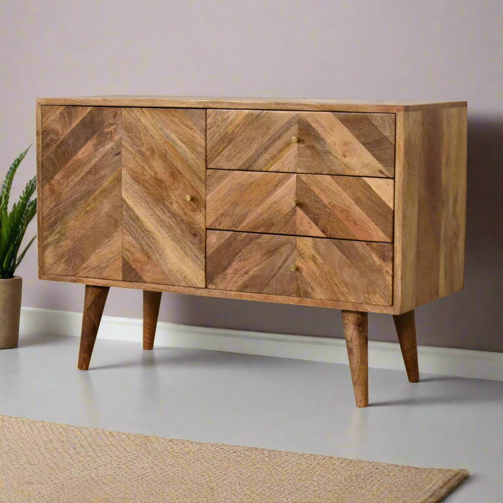 "Stylish sideboard with geometric pattern drawers, a cabinet with internal shelves, shiny brass knobs, and Nordic-style legs, perfect for storage and display in the hallway or living room."