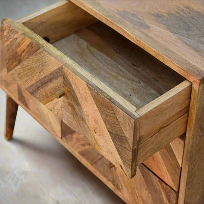 "Stylish sideboard with geometric pattern drawers, a cabinet with internal shelves, shiny brass knobs, and Nordic-style legs, perfect for storage and display in the hallway or living room."