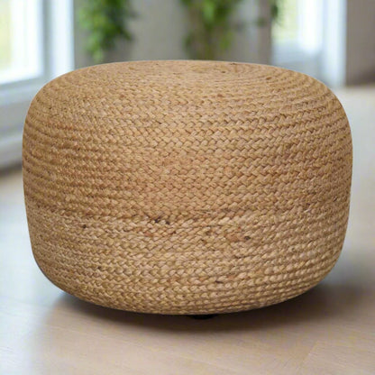 "Handcrafted boho Pouffe in natural jute colour with a thick weave and firm, high-quality filling, perfect as a footstool, extra seating, or decorative piece."