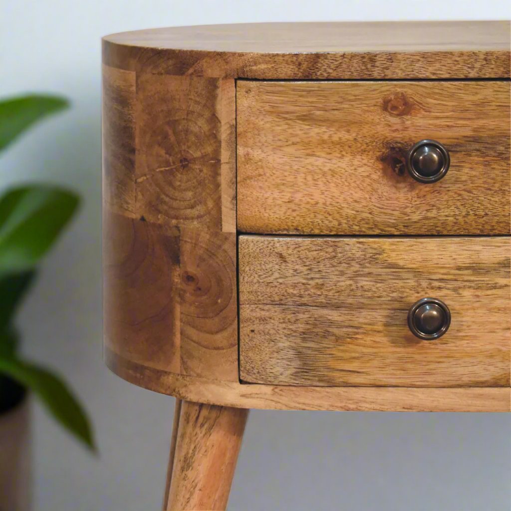 Charming mini oak-ish rounded bedside table with a smooth wood finish, featuring a sleek, compact design and practical storage space, ideal for adding a natural, modern touch to any bedroom