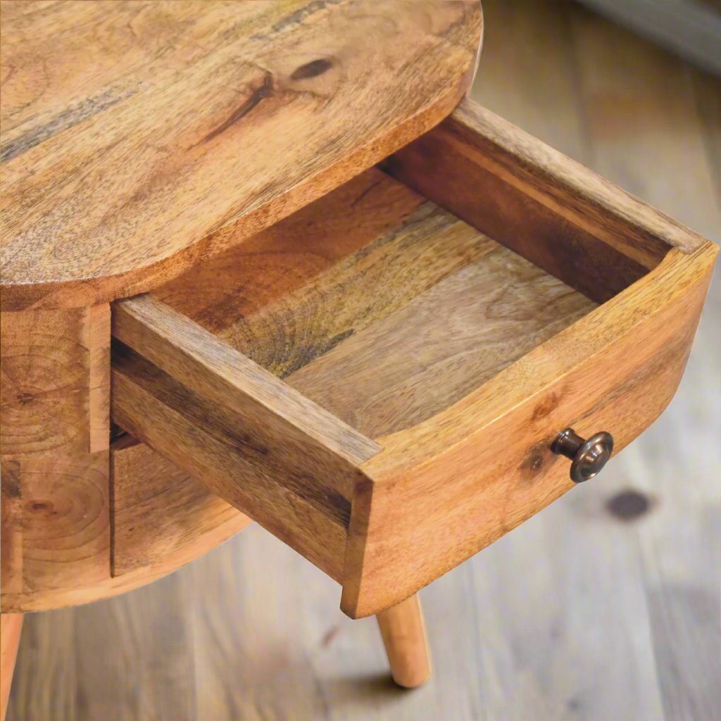 Charming mini oak-ish rounded bedside table with a smooth wood finish, featuring a sleek, compact design and practical storage space, ideal for adding a natural, modern touch to any bedroom