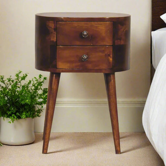 Compact mini chestnut rounded bedside table with a smooth finish, featuring a stylish design and convenient storage, perfect for adding a touch of warmth and functionality to any bedroom