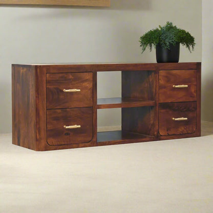 Gold Detail Chestnut TV Stand with two open slots, four drawers with golden bar knobs, crafted from 100% solid mango wood in a chestnut finish. Fully assembled and offering a stylish blend of gold metal and wood for a sophisticated look.