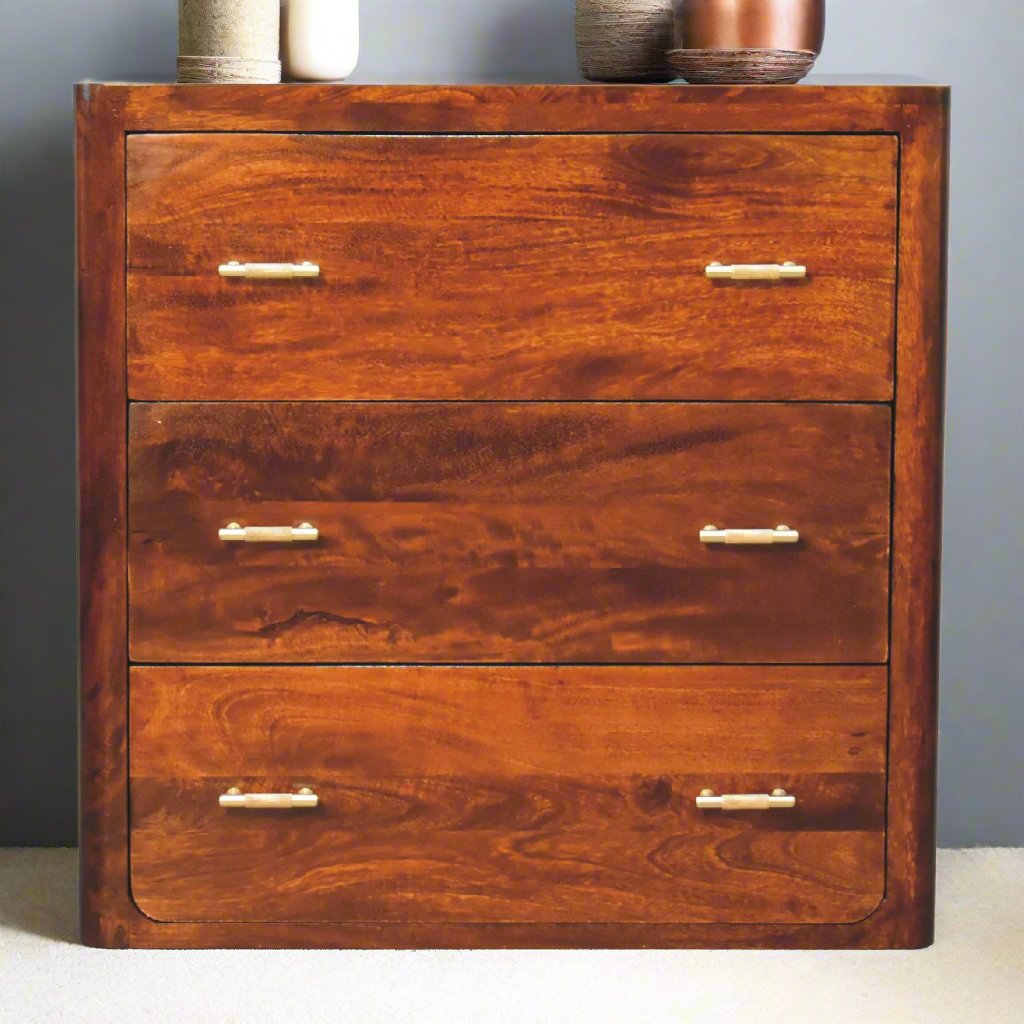 Gold Detail Chestnut Chest of Drawers made from solid mango wood with a chestnut finish, featuring 3 drawers with golden bar knobs for a sleek and elegant look