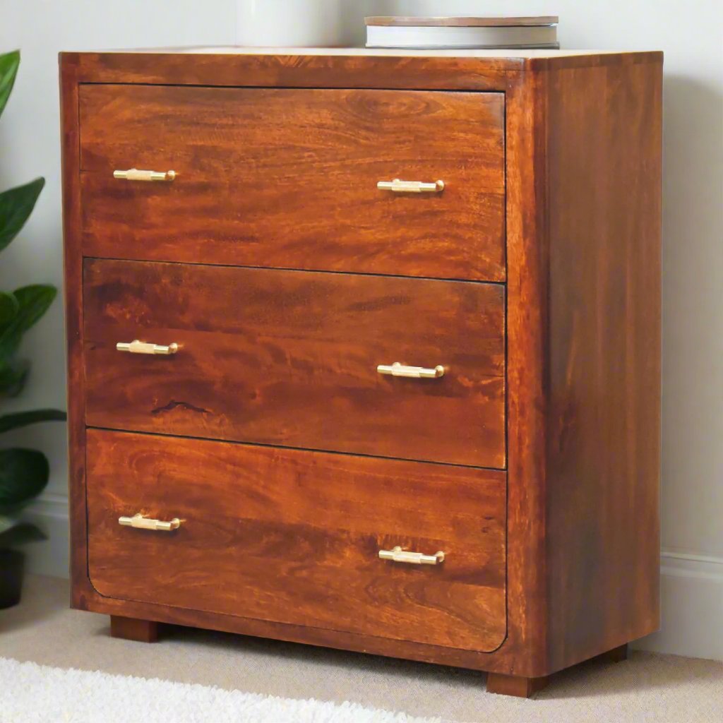 Gold Detail Chestnut Chest of Drawers made from solid mango wood with a chestnut finish, featuring 3 drawers with golden bar knobs for a sleek and elegant look