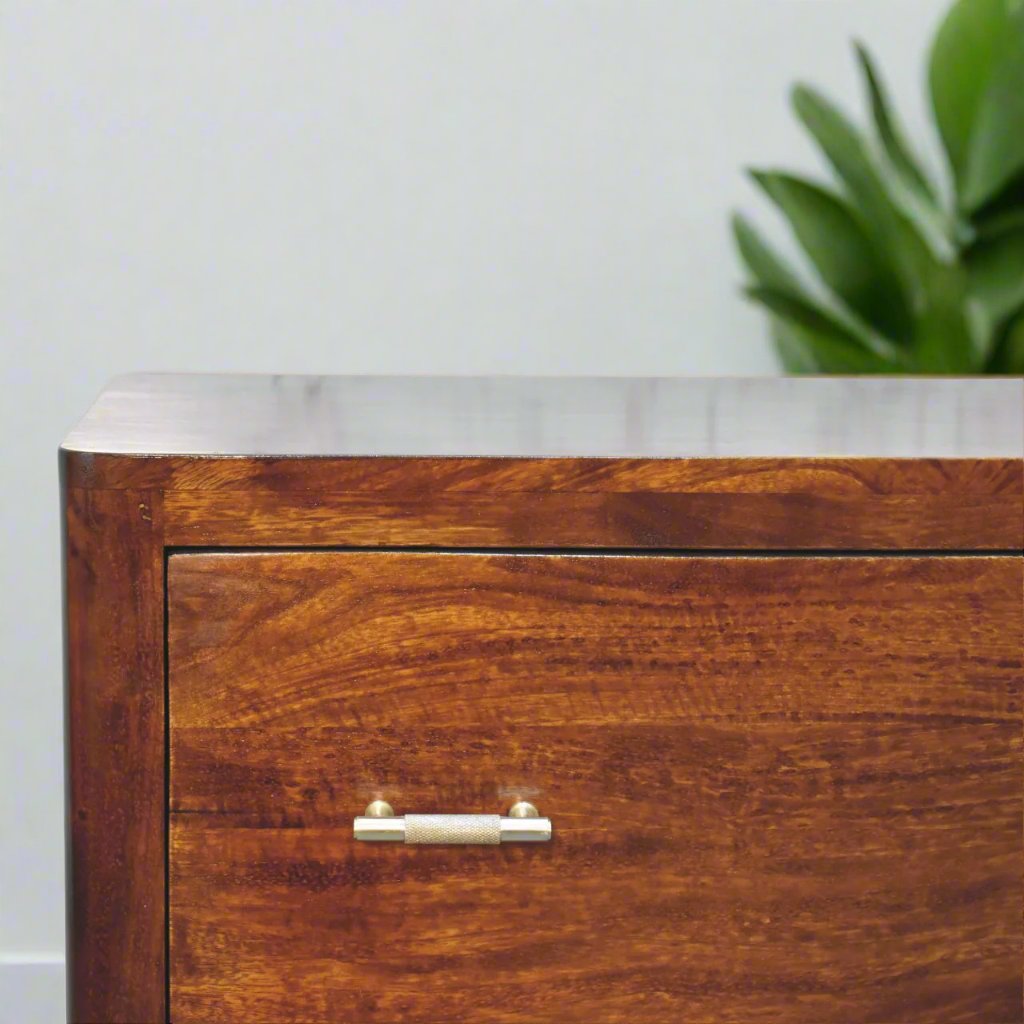 Gold Detail Chestnut Chest of Drawers made from solid mango wood with a chestnut finish, featuring 3 drawers with golden bar knobs for a sleek and elegant look