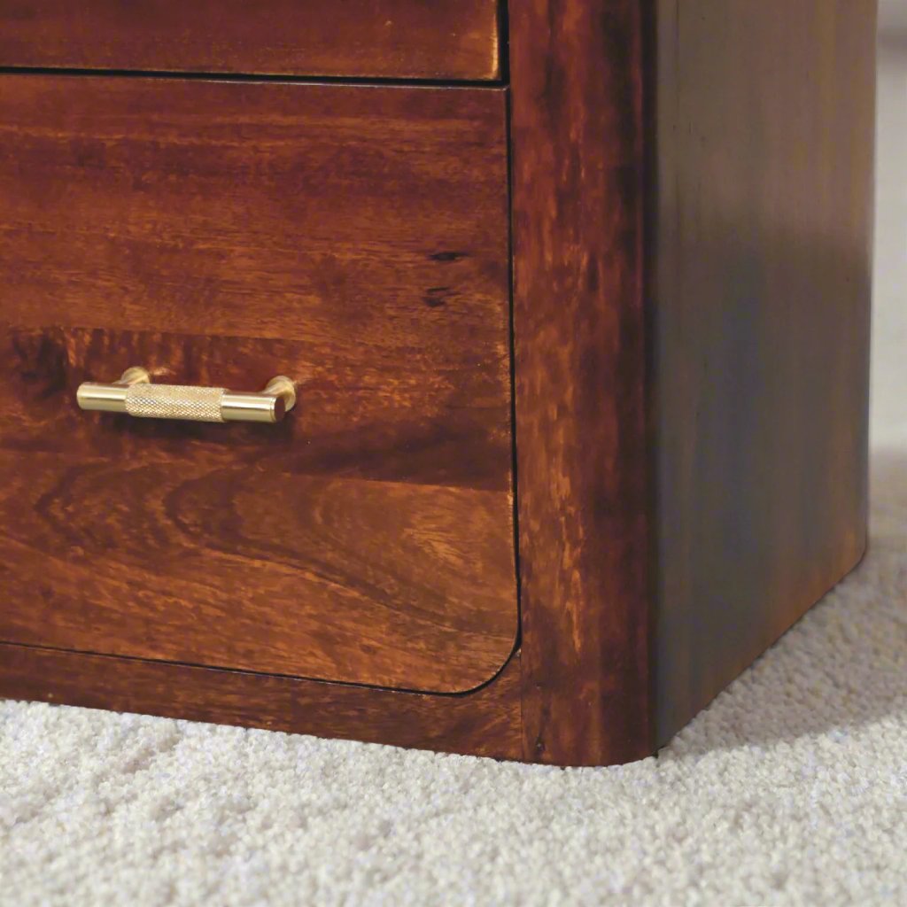 Gold Detail Chestnut Chest of Drawers made from solid mango wood with a chestnut finish, featuring 3 drawers with golden bar knobs for a sleek and elegant look