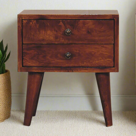 Modern mini chestnut square bedside table with a sleek design, featuring a smooth wood finish and compact storage space, perfect for adding warmth and functionality to any bedroom decor