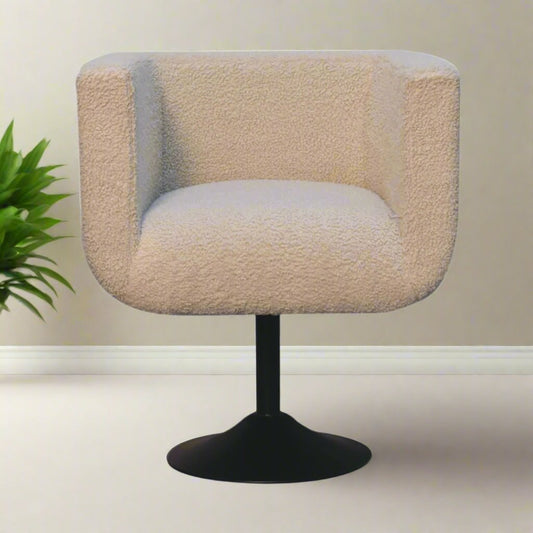 
A Cream Bouclé Swivel Lounge Chair featuring a soft, textured bouclé fabric for ultimate comfort and a modern swivel base for easy movement. The neutral cream color complements various home decor styles, adding a touch of elegance to any living room, office, or reading nook. The ergonomic design and plush seating provide a cozy, inviting feel, making this chair perfect for relaxing. Ideal for modern or contemporary interiors, this swivel lounge chair combines style, comfort, and functionality in one chic p