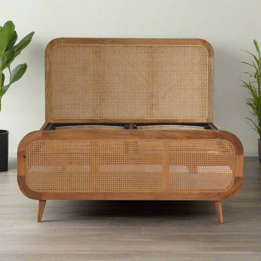 Rattan Bed made from solid mango wood with oak-ish finish, featuring a rattan design on the headboard and footboard, metallic frame with 18 wooden slats, and Nordic-style legs