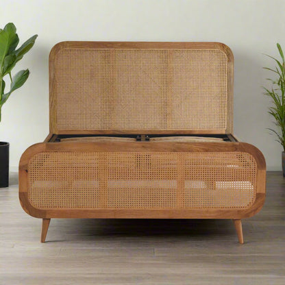 Rattan Bed made from solid mango wood with oak-ish finish, featuring a rattan design on the headboard and footboard, metallic frame with 18 wooden slats, and Nordic-style legs