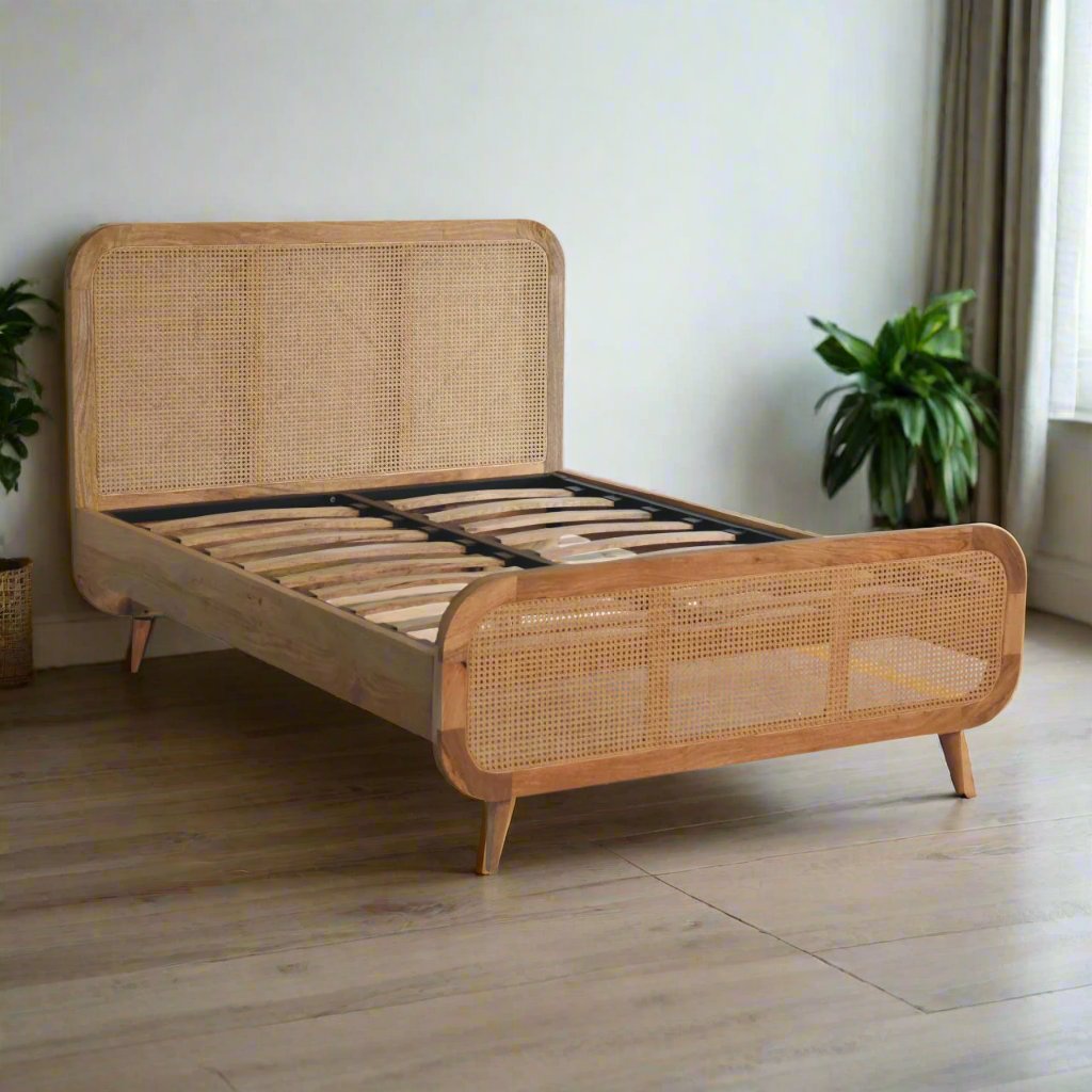 Rattan Bed made from solid mango wood with oak-ish finish, featuring a rattan design on the headboard and footboard, metallic frame with 18 wooden slats, and Nordic-style legs