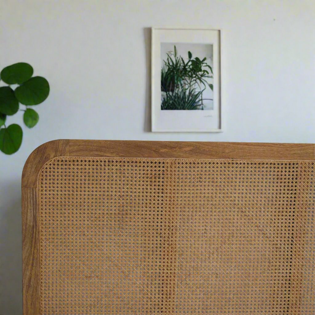 Rattan Bed made from solid mango wood with oak-ish finish, featuring a rattan design on the headboard and footboard, metallic frame with 18 wooden slats, and Nordic-style legs