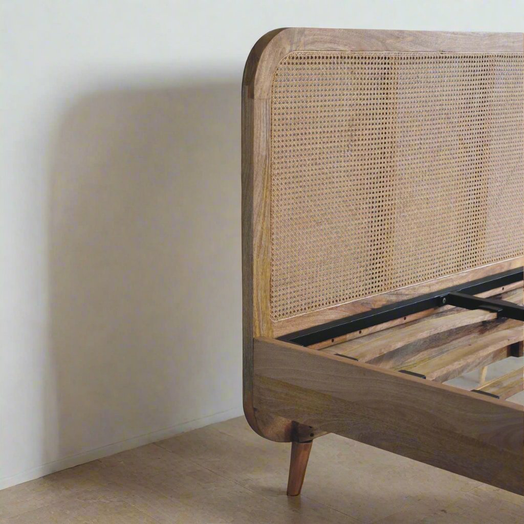 Rattan Bed made from solid mango wood with oak-ish finish, featuring a rattan design on the headboard and footboard, metallic frame with 18 wooden slats, and Nordic-style legs