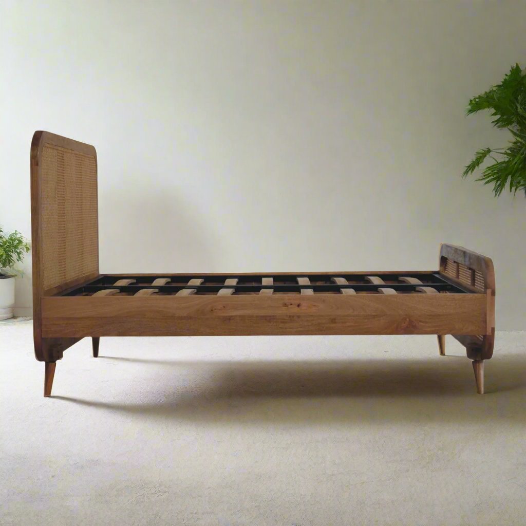 Rattan Bed made from solid mango wood with oak-ish finish, featuring a rattan design on the headboard and footboard, metallic frame with 18 wooden slats, and Nordic-style legs