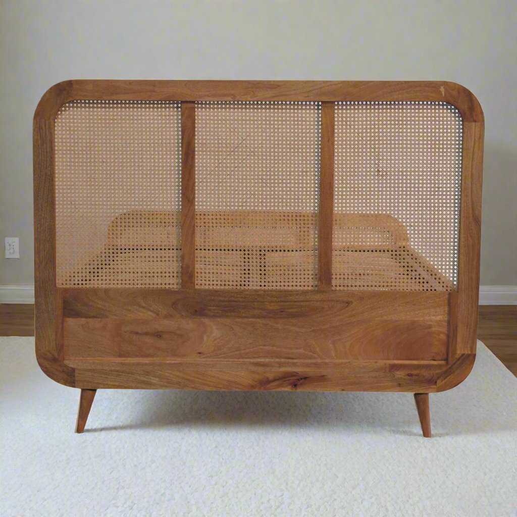 Rattan Bed made from solid mango wood with oak-ish finish, featuring a rattan design on the headboard and footboard, metallic frame with 18 wooden slats, and Nordic-style legs