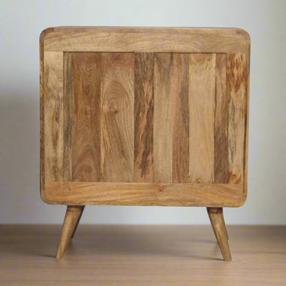 T-bar Ridged Chest made from solid mango wood with an oak-ish finish, featuring a ridged pattern, T-bar handles, and Nordic-style legs for a modern, stylish look.