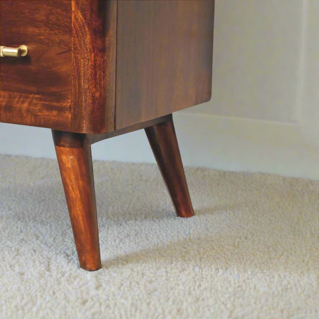 Gold detail chestnut chest of drawers made from solid mango wood with 3 spacious drawers, Nordic-style legs, and shiny gold T-bar handles