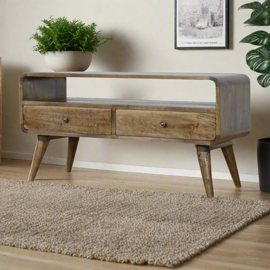 Solid Timber Media Unit made from 100% solid mango wood with a grey washed finish, featuring two drawers with shiny knobs, an open slot for storage, and Scandinavian-style legs.