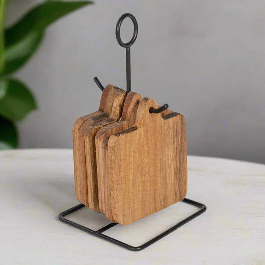 Wooden Coasters With Black Metal Stand, Set Of 6