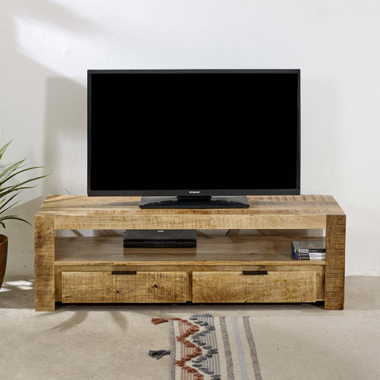 Natural Solid Handcrafted Wood 2 Drawer TV Media Unit - Lindo Living