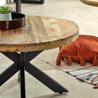 Stylish mango wood round coffee table with a natural finish, featuring a sturdy base and smooth tabletop, perfect for adding a rustic and warm touch to any living room or modern decor