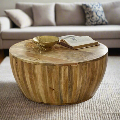 Natural Wood Effect Round Drum Coffee Table - Lindo Living