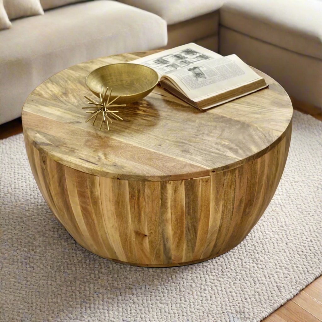 Natural Wood Effect Round Drum Coffee Table - Lindo Living