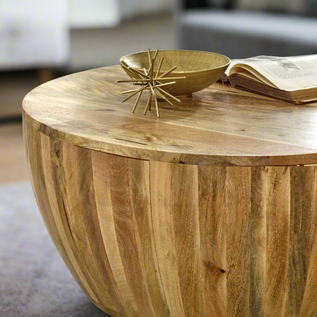 Natural Wood Effect Round Drum Coffee Table - Lindo Living