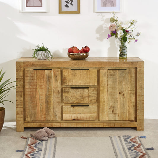 Natural Solid Handcrafted Wood Large Sideboard Storage 2 Cupboard 3 Drawer - Lindo Living