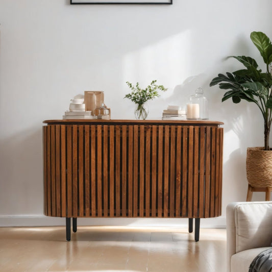 Walnut Sideboard Solid Dark Wood Handcrafted Slatted Side Table - Lindo Living