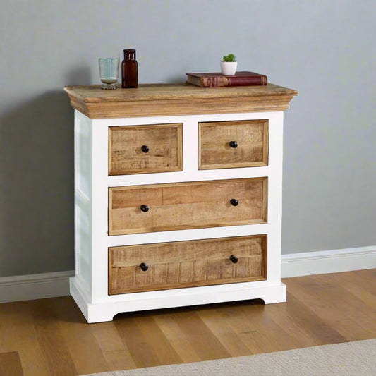 
A White and Wood Chest of Drawers featuring a modern design with a combination of a white finish and natural wood accents. This chest offers multiple spacious drawers for organizing clothes, accessories, and other essentials. The contrast of white and wood creates a stylish and timeless look, making it a perfect addition to any bedroom or living space. Ideal for both contemporary and traditional interiors, this chest of drawers provides both functionality and aesthetic appeal.