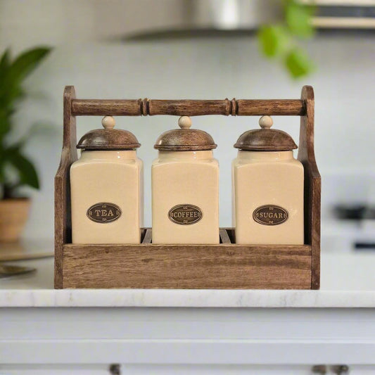 Tea, Coffee & Sugar Jar & Mango Wood Holder - Lindo Living