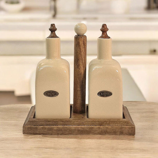 Oil and Vinegar Set & Mango Wood Holder - Lindo Living