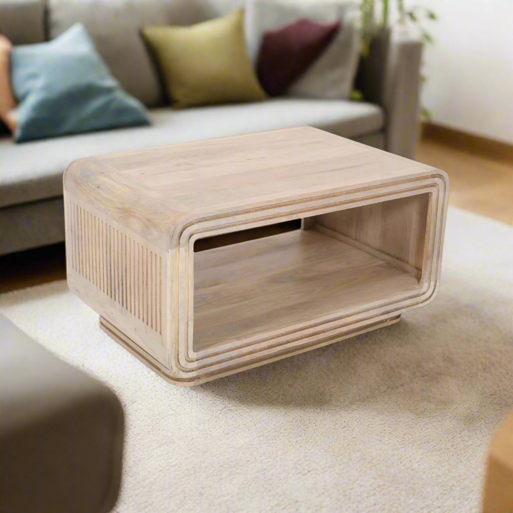 Solid Oak Wood Ribbed Detail Open Storage Coffee Table - Lindo Living