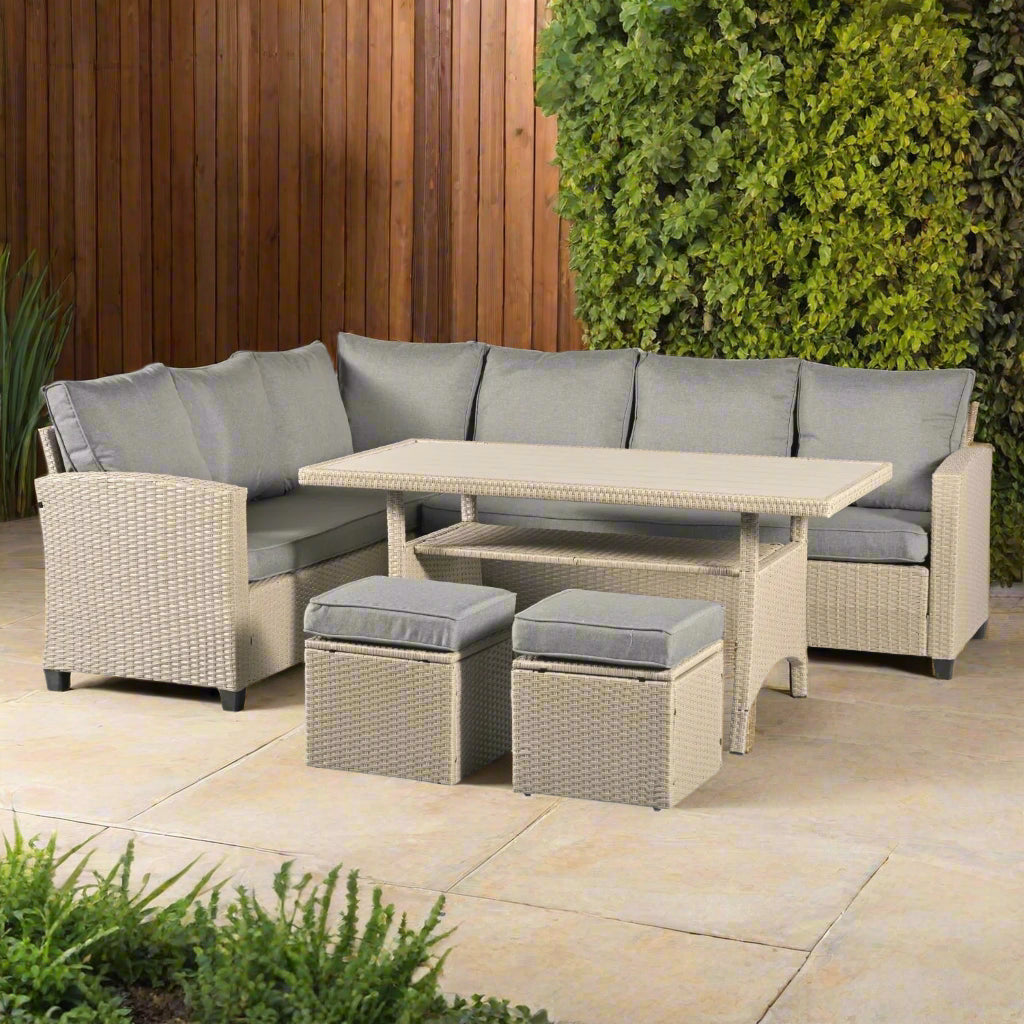 York Rattan eight-seat corner dining set in grey with thick cushions, featuring a tempered glass table top and weather-resistant design, perfect for outdoor entertaining and all-weather use.